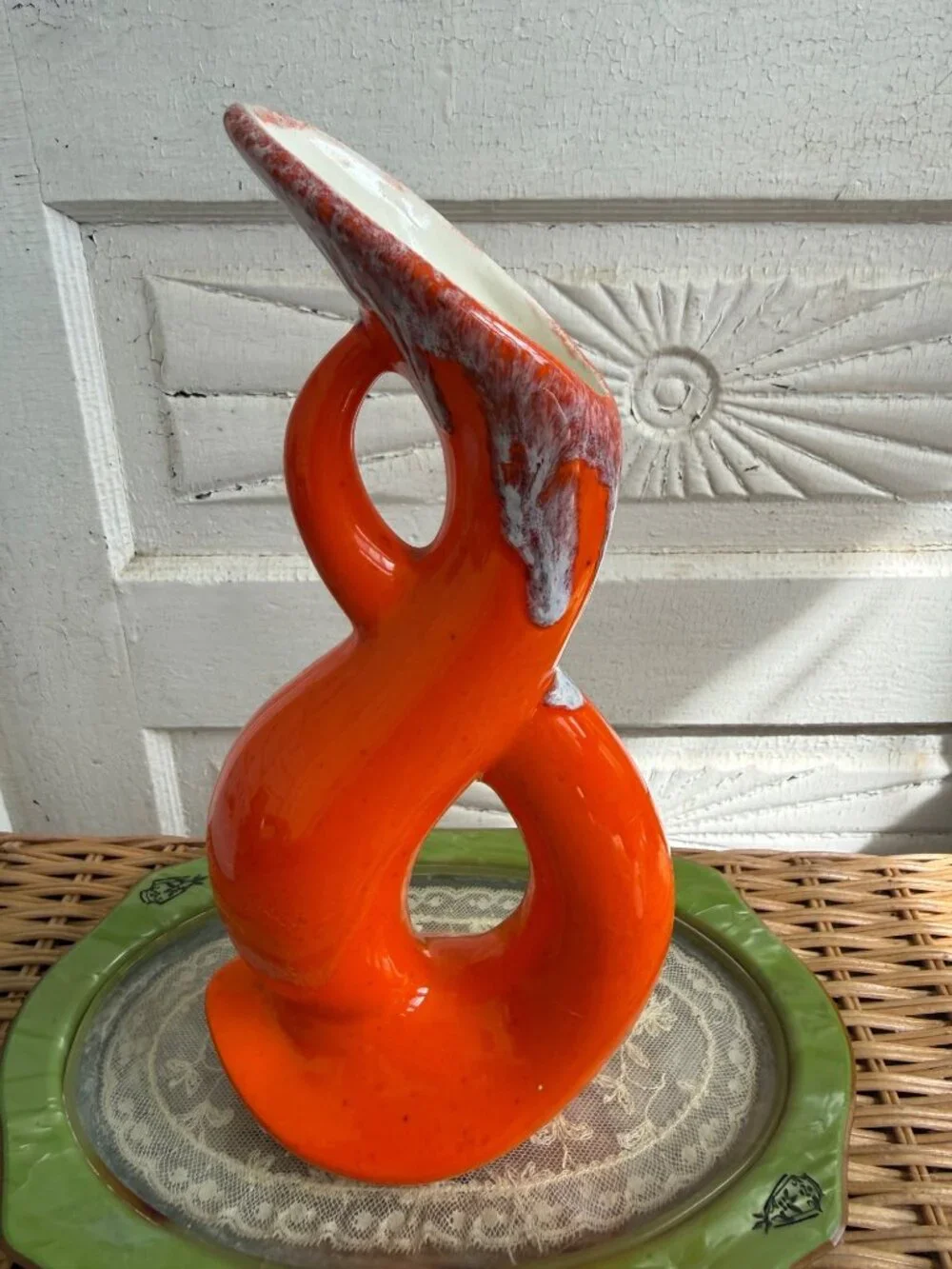 Vintage MCM Orange Drip Pottery Serpentine Abstract Modernist Vase
